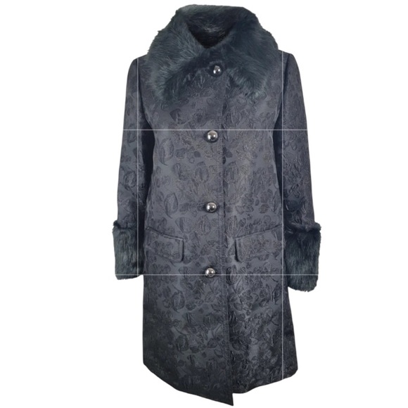 Kate Spade Black Metallic Jacquard Faux Fur Trim Coat Size 0 - Picture 4 of 9